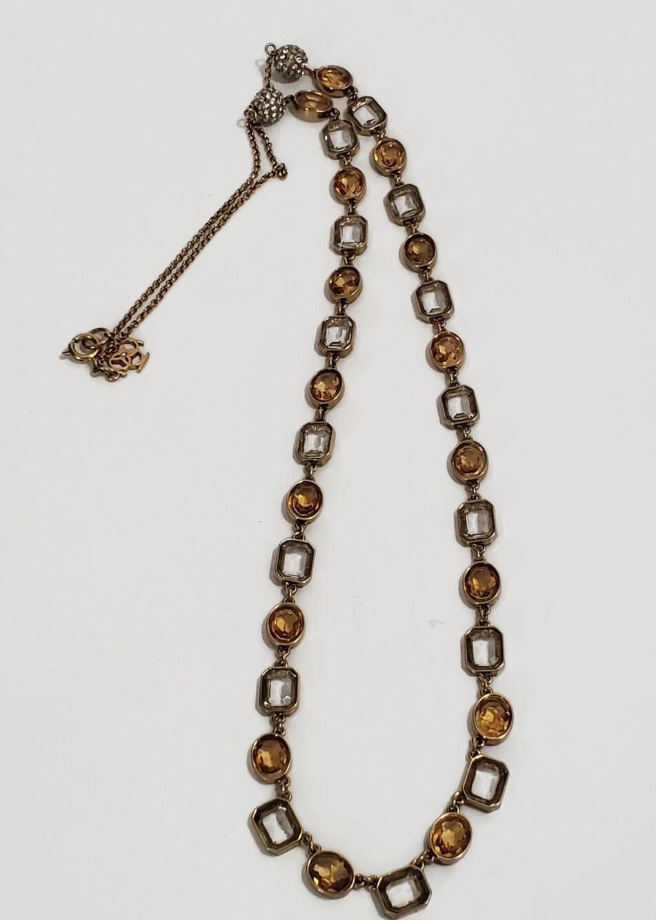 Ann Taylor Orange & Clear Crystal Open Bezel Gold Tone Necklace 32”